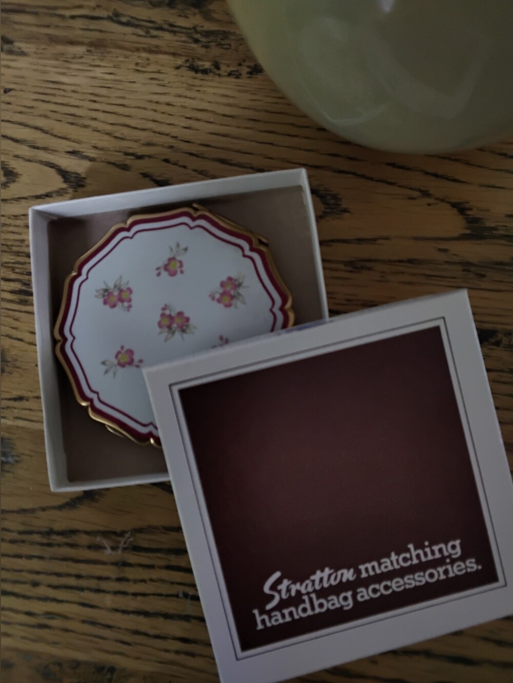 Stratton Floral Enamel Compact Mirror in White & Burgundy with Gold Trim